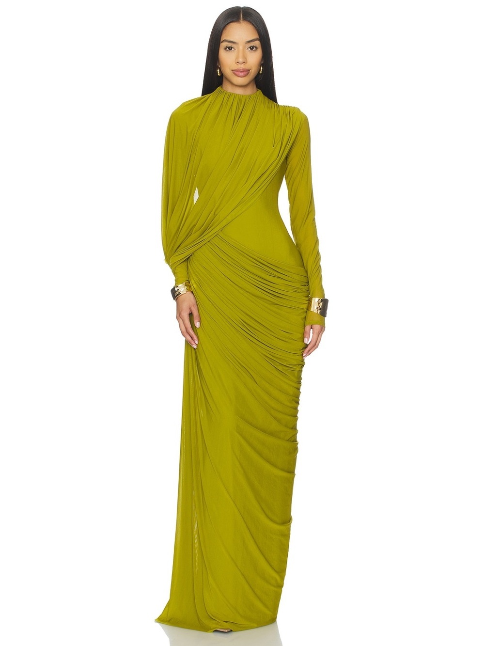Elegant Olive-Green Long Sleeve Draped Evening Dress NWT Size XS